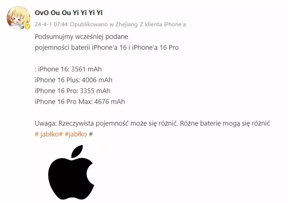 Zrzut ekranu Weibo z informacją o bateriach w serii urządzeń iPhone 16<yoastmark class=